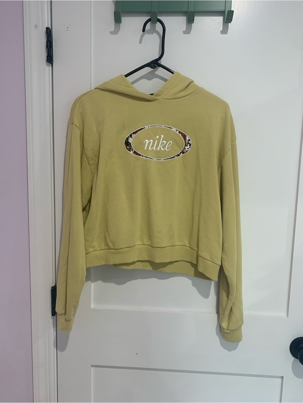 Nike Olive Green Cropped Hoodie with Floral Logo